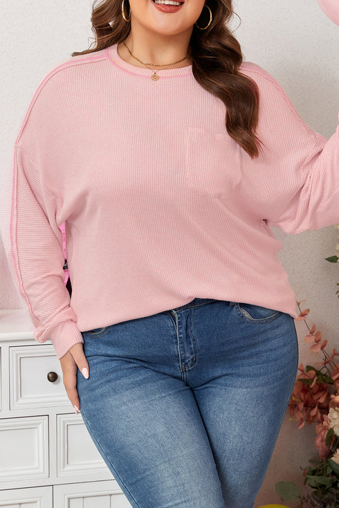 Ribbed Exposed Seam Chest Pocket Corded Long Sleeve Top