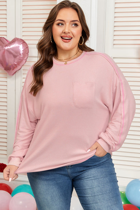 Ribbed Exposed Seam Chest Pocket Corded Long Sleeve Top