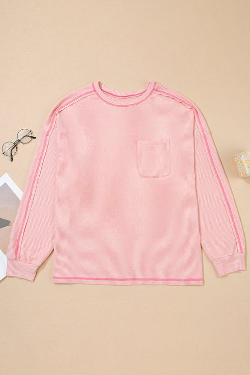 Ribbed Exposed Seams Chest Pocket Drop Shoulder Crew Neck Top