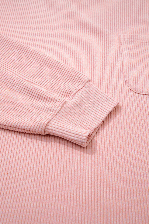 Ribbed Exposed Seams Chest Pocket Drop Shoulder Crew Neck Top