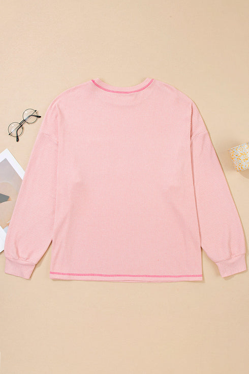 Ribbed Exposed Seams Chest Pocket Drop Shoulder Crew Neck Top