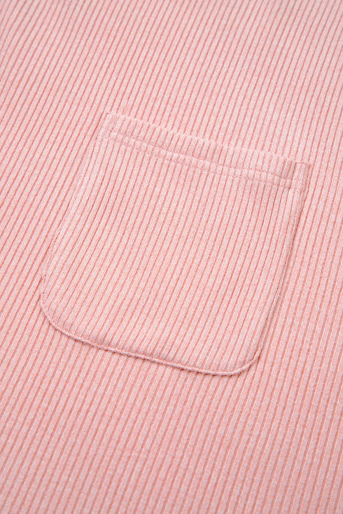 Ribbed Exposed Seams Chest Pocket Drop Shoulder Crew Neck Top