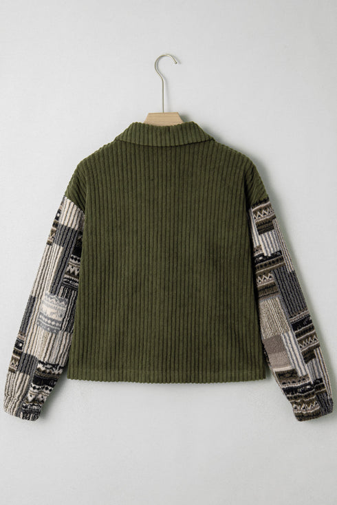 Ribbed Fleece Plaid Patchwork Corduroy Button Up Jacket