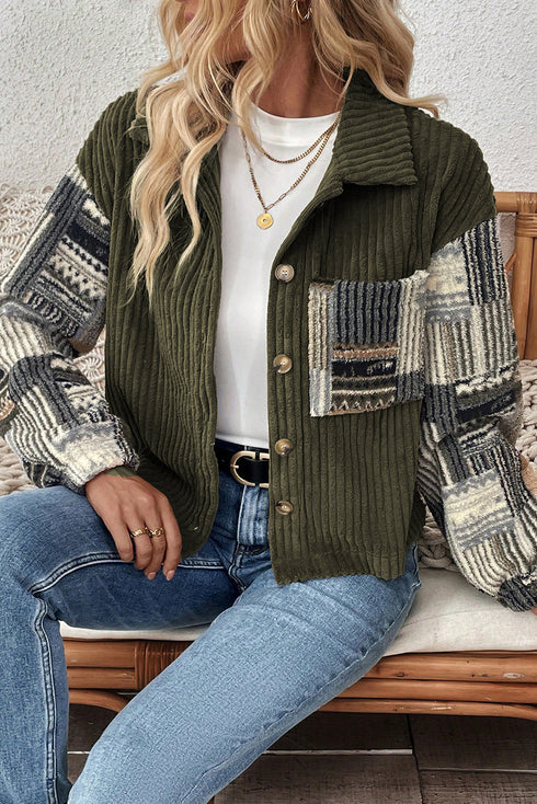Ribbed Fleece Plaid Patchwork Corduroy Button Up Jacket