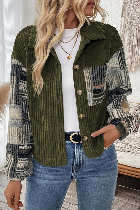 Ribbed Fleece Plaid Patchwork Corduroy Button Up Jacket