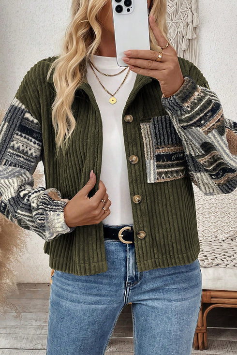 Ribbed Fleece Plaid Patchwork Corduroy Button Up Jacket