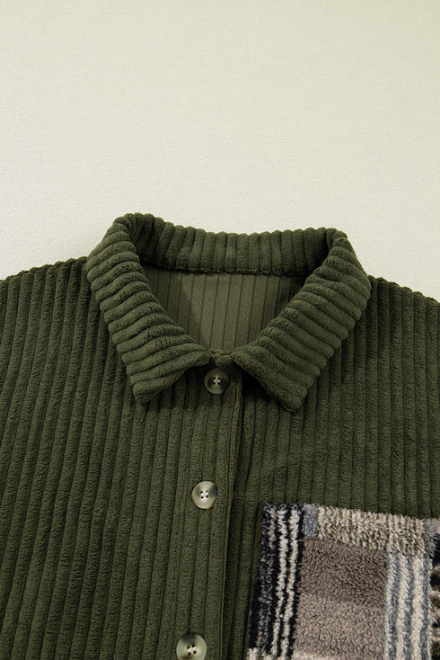 Ribbed Fleece Plaid Patchwork Corduroy Button Up Jacket