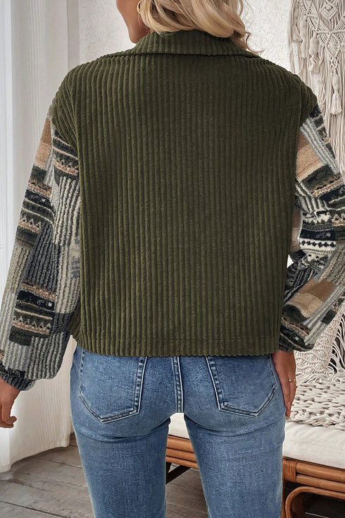 Ribbed Fleece Plaid Patchwork Corduroy Button Up Jacket