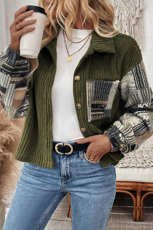 Ribbed Fleece Plaid Patchwork Corduroy Button Up Jacket