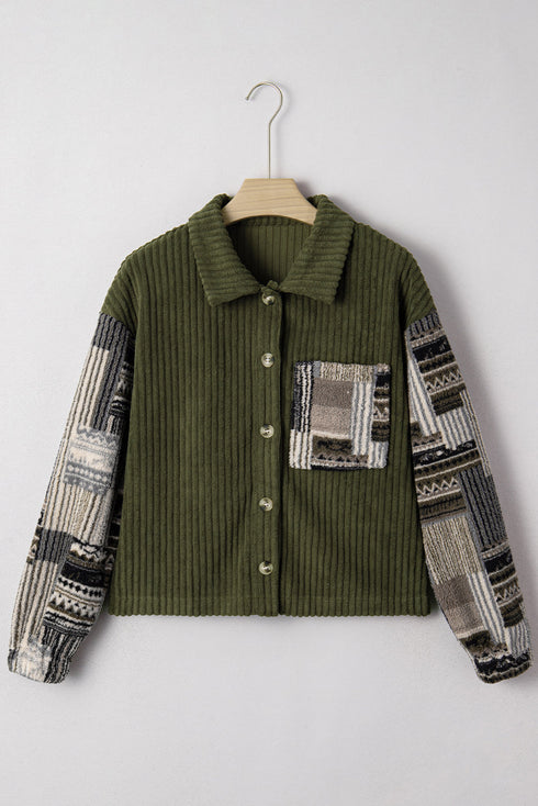 Ribbed Fleece Plaid Patchwork Corduroy Button Up Jacket
