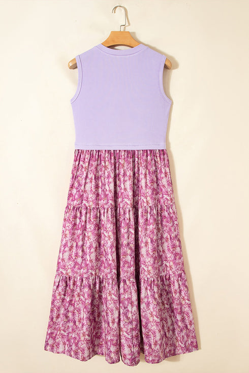 Ribbed Floral Contrast Patchwork V Neck Tank Maxi Dress