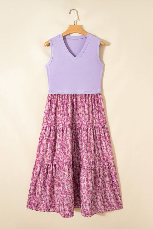Ribbed Floral Contrast Patchwork V Neck Tank Maxi Dress