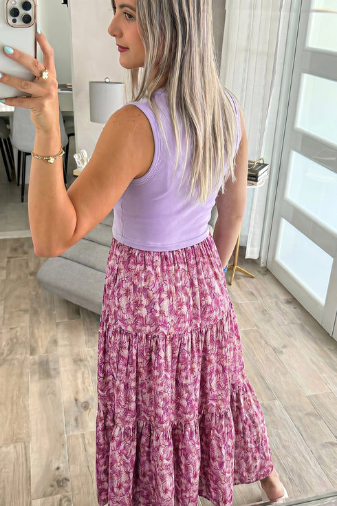 Ribbed Floral Contrast Patchwork V Neck Tank Maxi Dress