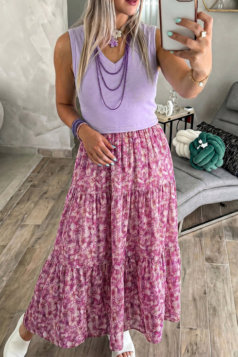 Ribbed Floral Contrast Patchwork V Neck Tank Maxi Dress
