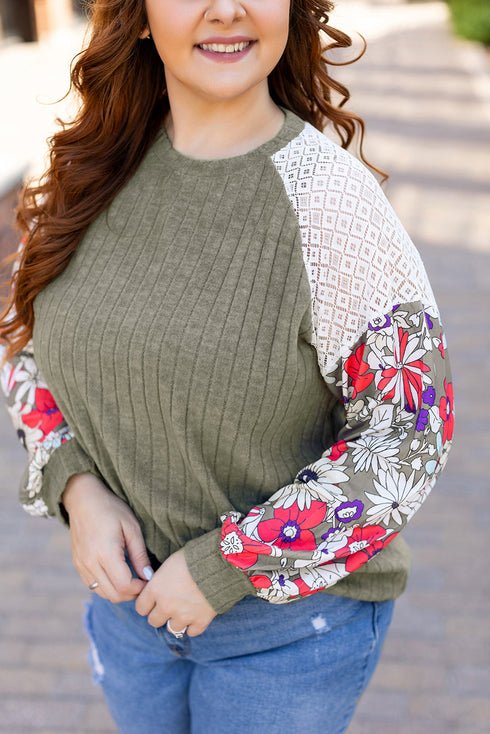 Ribbed Floral Mixed Pattern Patchwork Raglan Blouse