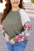 Ribbed Floral Mixed Pattern Patchwork Raglan Blouse