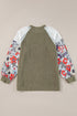 Ribbed Floral Mixed Pattern Patchwork Raglan Blouse