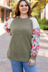 Ribbed Floral Mixed Pattern Patchwork Raglan Blouse