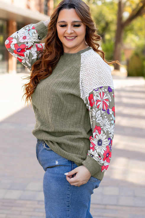 Ribbed Floral Mixed Pattern Patchwork Raglan Blouse