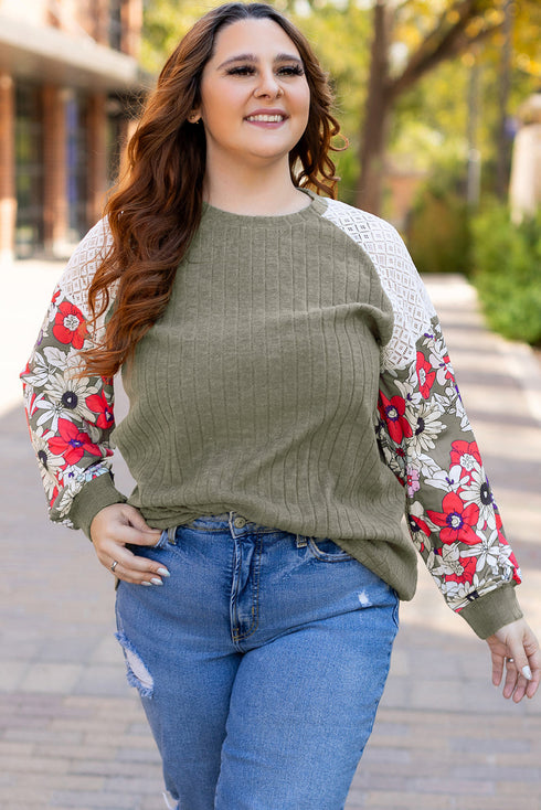 Ribbed Floral Mixed Pattern Patchwork Raglan Blouse