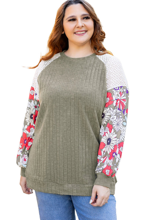 Ribbed Floral Mixed Pattern Patchwork Raglan Blouse