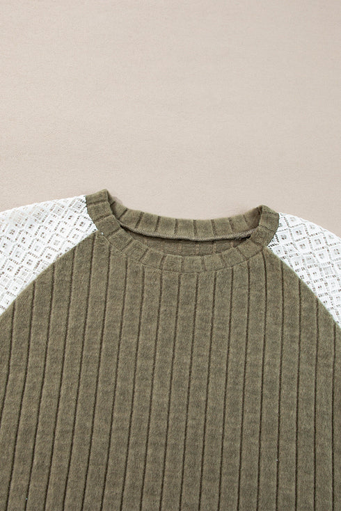 Ribbed Floral Mixed Pattern Patchwork Raglan Blouse