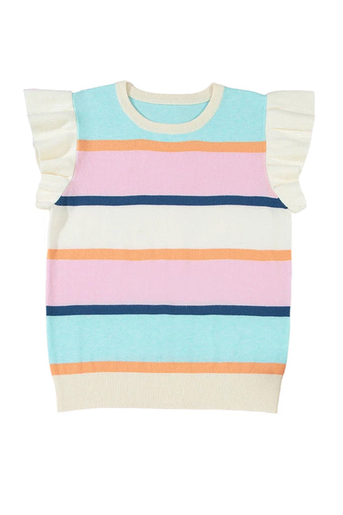 Ribbed Flutter Sleeve Striped Knit Sweater Top