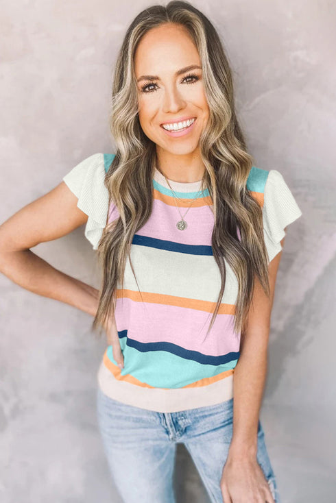 Ribbed Flutter Sleeve Striped Knit Sweater Top