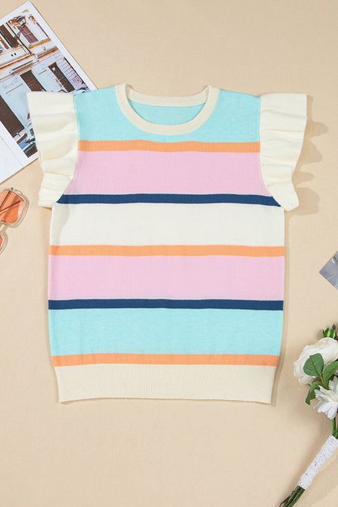 Ribbed Flutter Sleeve Striped Knit Sweater Top