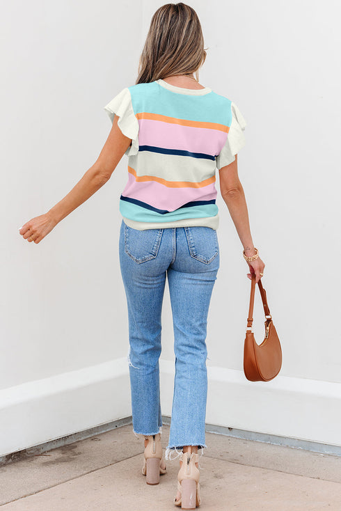 Ribbed Flutter Sleeve Striped Knit Sweater Top