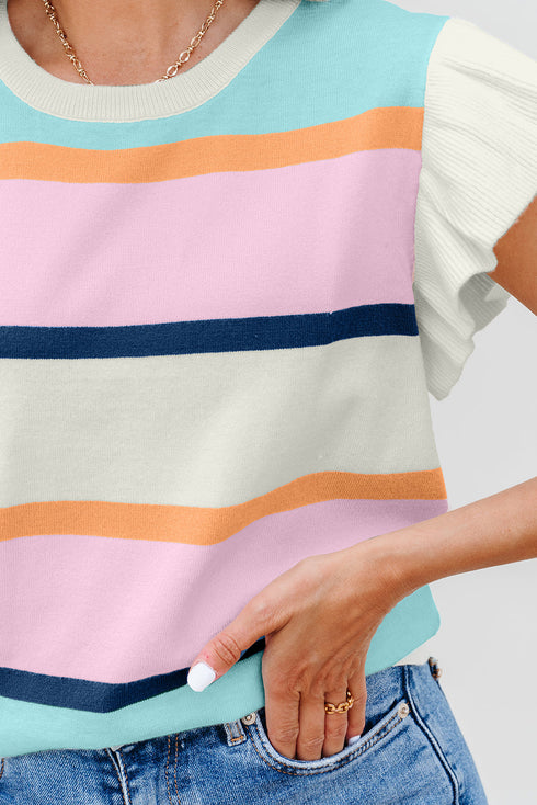 Ribbed Flutter Sleeve Striped Knit Sweater Top