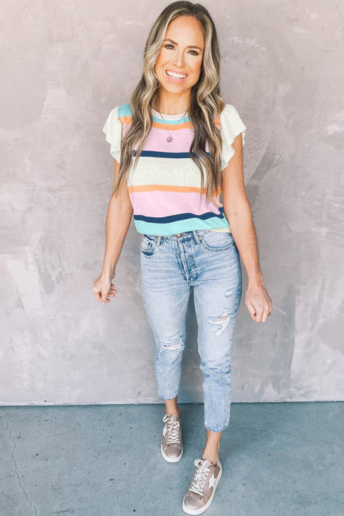 Ribbed Flutter Sleeve Striped Knit Sweater Top