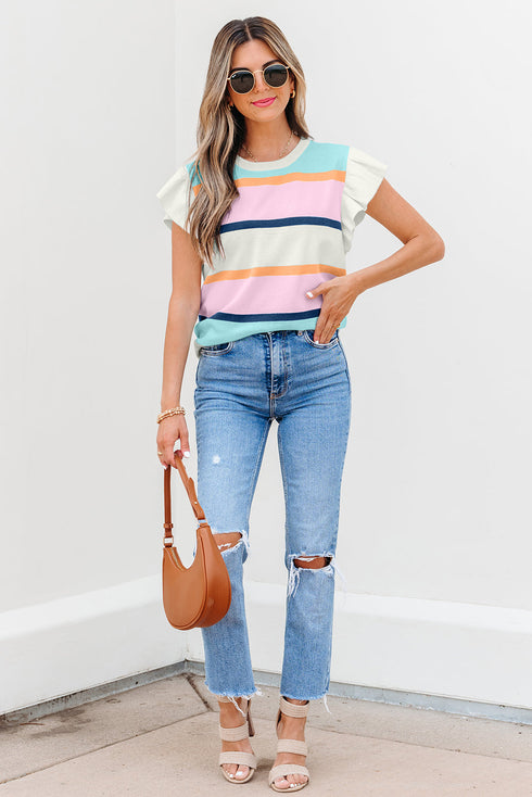 Ribbed Flutter Sleeve Striped Knit Sweater Top