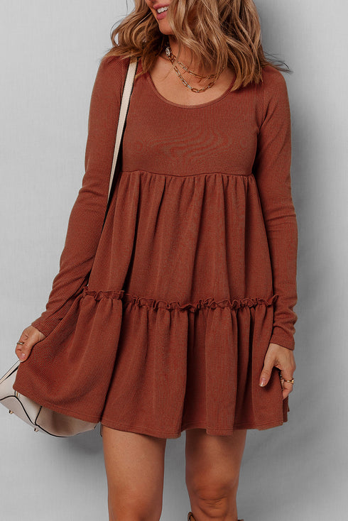 Ribbed Frill Trim High Waist Long Sleeve Mini Dress