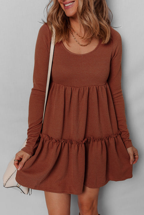 Ribbed Frill Trim High Waist Long Sleeve Mini Dress