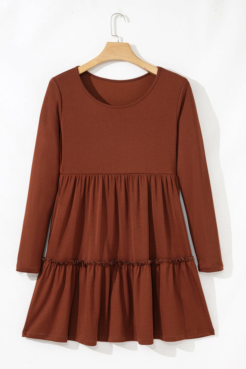 Ribbed Frill Trim High Waist Long Sleeve Mini Dress