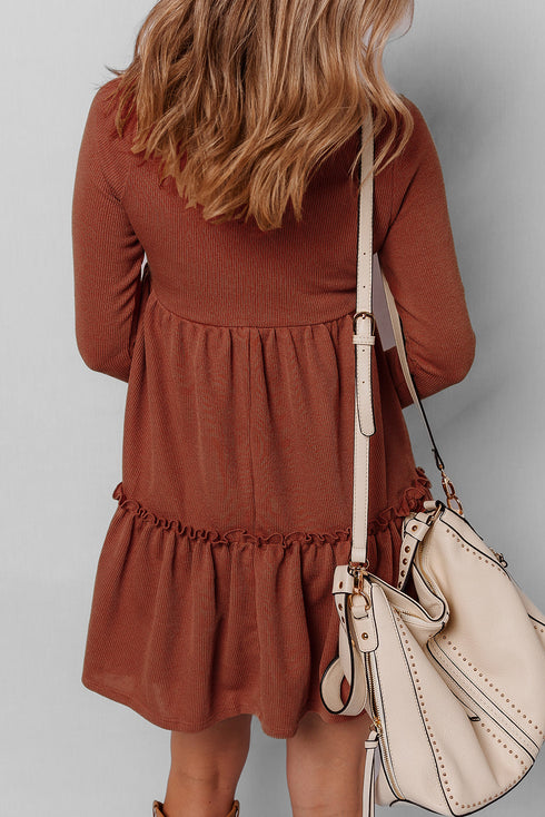 Ribbed Frill Trim High Waist Long Sleeve Mini Dress