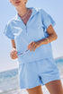 Ribbed Half Zip Ruffle Sleeve Coordinated Short Sets