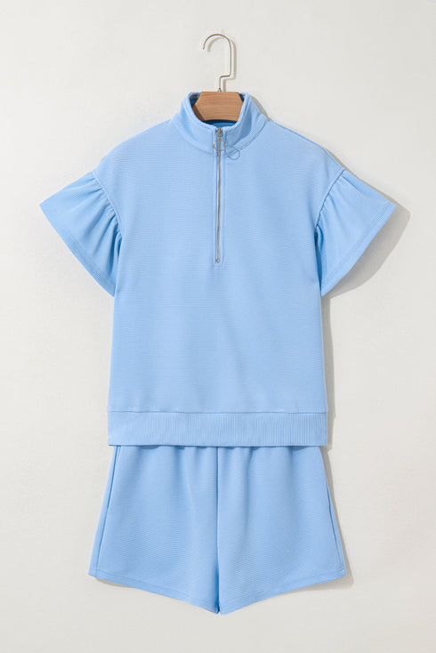 Ribbed Half Zip Ruffle Sleeve Coordinated Short Sets
