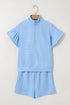 Ribbed Half Zip Ruffle Sleeve Coordinated Short Sets