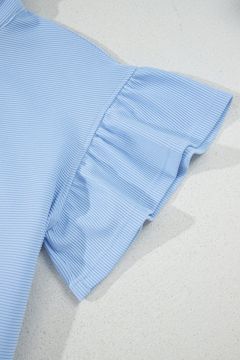 Ribbed Half Zip Ruffle Sleeve Coordinated Short Sets
