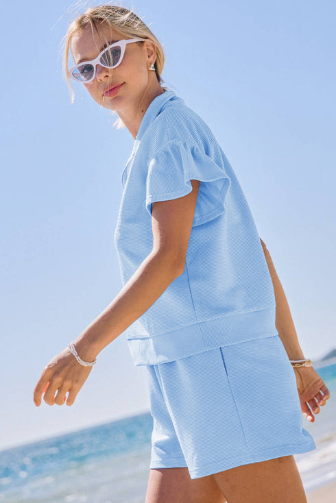 Ribbed Half Zip Ruffle Sleeve Coordinated Short Sets