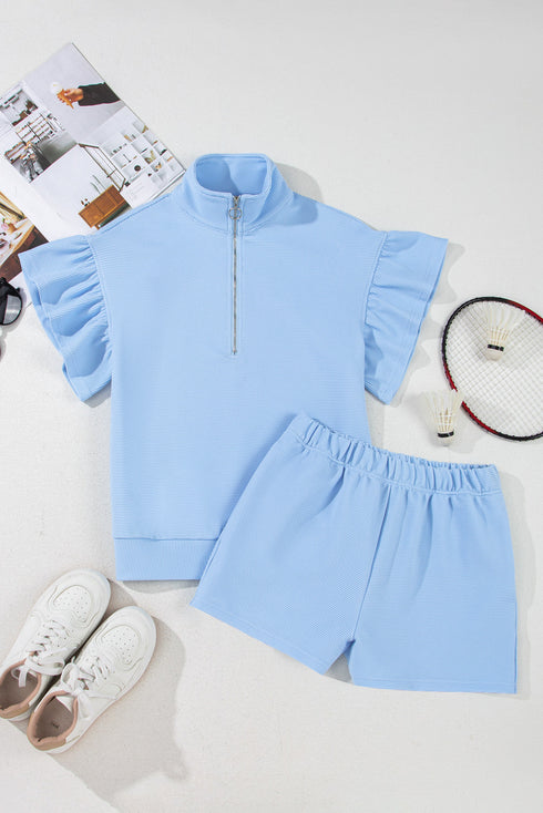 Ribbed Half Zip Ruffle Sleeve Coordinated Short Sets