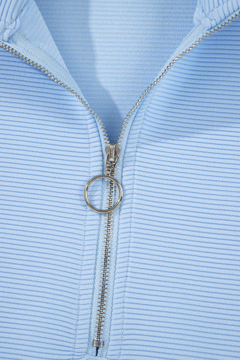 Ribbed Half Zip Ruffle Sleeve Coordinated Short Sets