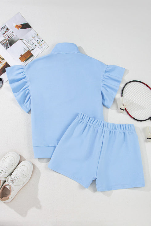 Ribbed Half Zip Ruffle Sleeve Coordinated Short Sets