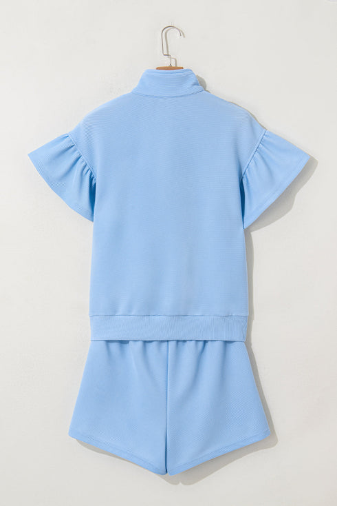 Ribbed Half Zip Ruffle Sleeve Coordinated Short Sets