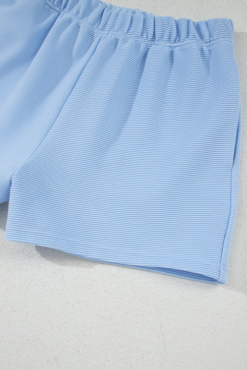 Ribbed Half Zip Ruffle Sleeve Coordinated Short Sets