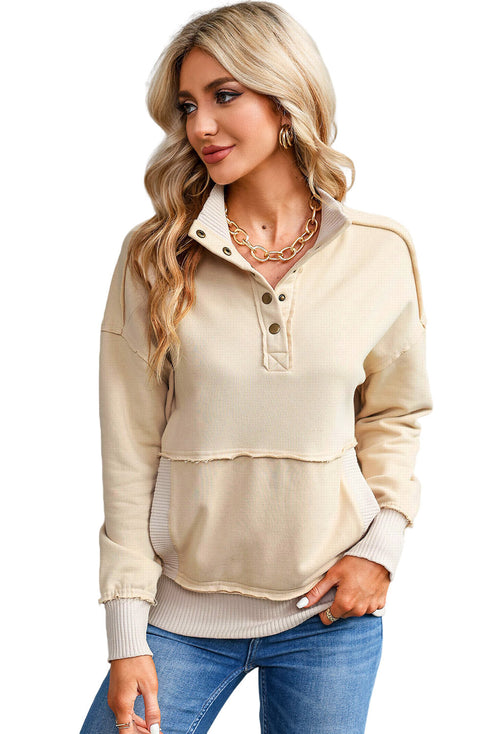 Ribbed Hem Snap Button Neckline Sweatshirt with Pocket