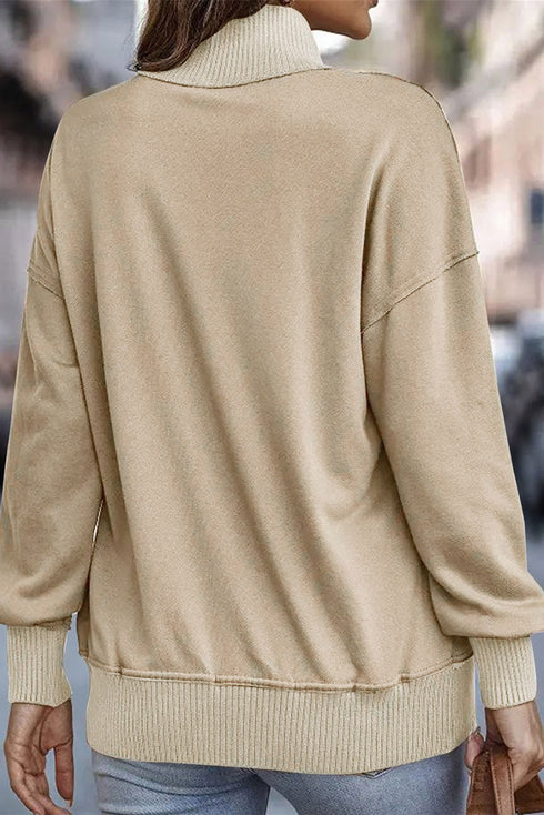Ribbed Hem Snap Button Neckline Sweatshirt with Pocket