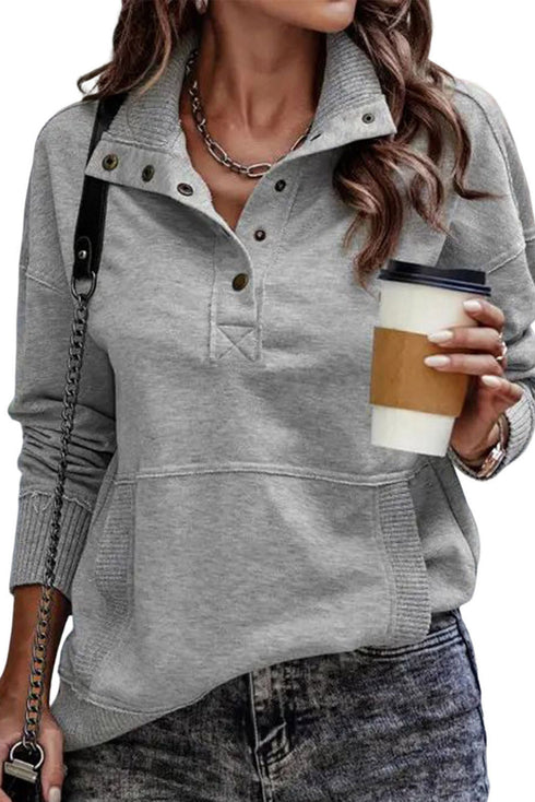 Ribbed Hem Snap Button Neckline Sweatshirt with Pocket